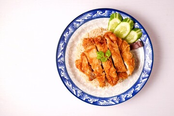 Fried Chicken and rice, , fried chicken , crispy fried chicken ,thai called khao kai tod