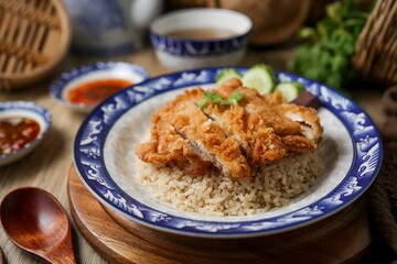 Fried Chicken and rice, , fried chicken , crispy fried chicken ,thai called khao kai tod