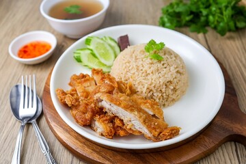 Fried Chicken and rice, , fried chicken , crispy fried chicken ,thai called khao kai tod