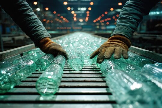 Factory workers inspecting glass bottles on a conveyor belt
