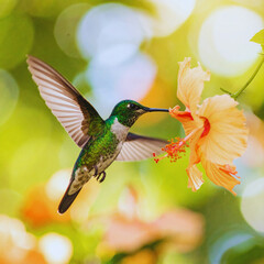 Emerald Hummingbird Drinking Nectar From Pink Hibiscus