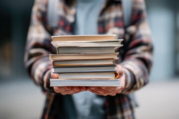 A person holding a stack of books