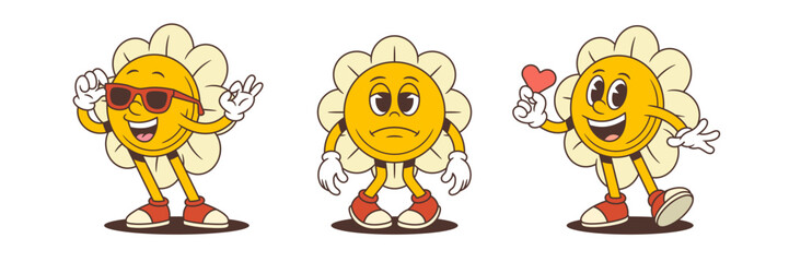 Playful cartoon flower characters showing diverse emotions with thoughtful and affectionate poses. Ideal for kids media, stickers or branding. Includes heart, peace sign and expressive body language