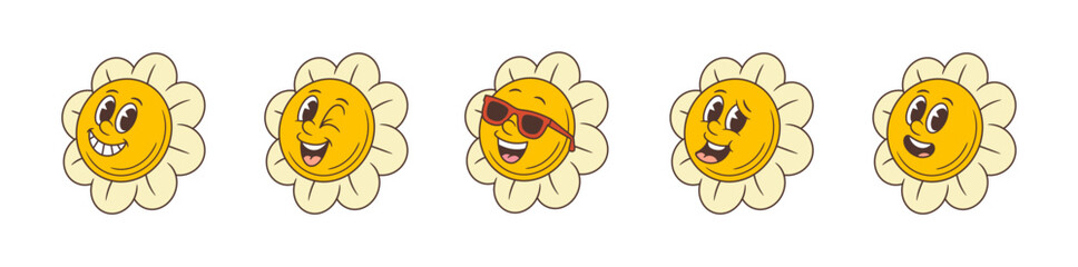 A vibrant set of five cartoon flower mascots with expressive faces showcasing happiness, playfulness, cool confidence, and warmth. Perfect for branding, social media, or promotional content