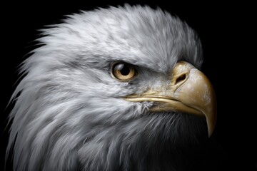 Fototapeta premium Detailed portrait of a bald eagle staring intensely, isolated on black background, symbolizing power, vigilance, and freedom. Generated by AI