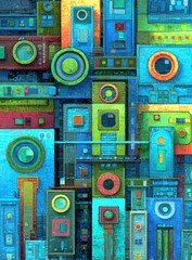 Obraz premium Abstract cityscape of geometric shapes, vibrant colors, and mechanical elements