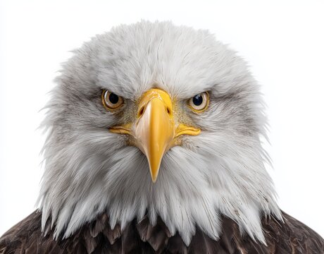 Detailed portrait of a bald eagle staring intensely, isolated on black background, symbolizing power, vigilance, and freedom. Generated by AI