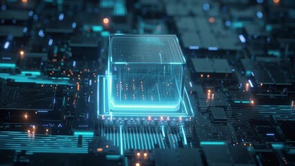 A CPU glowing architecture, complex 3D circuit board futuristic city. Laser lights scan surface drones fly components. Glowing blue holograms data spiral Hi-tech vector, isometric angle, ambient fog - Powered by Adobe