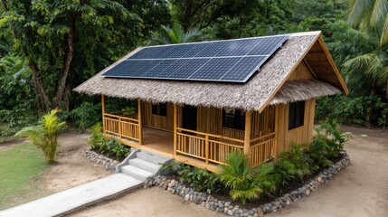A small bamboo house with a thatched roof fitted with solar panels, surrounded by tropical plants in a lush, green environment.