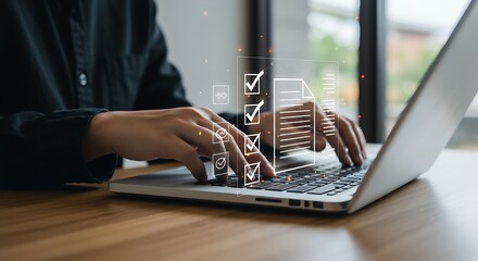 Digital task management with hands typing on a laptop, displaying interactive document and checkbox overlays.
