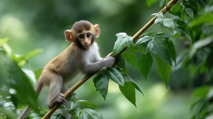 A baby monkey clings to a branch surrounded by lush green leaves in a vibrant natural forest setting.