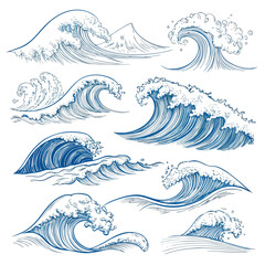 Ocean Wave Sketches:  A Collection of Hand-Drawn Blue Wave Illustrations for Design Projects