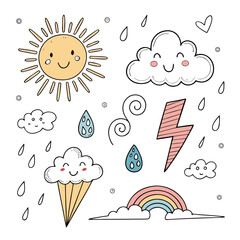 Hand-Drawn Weather Icons: Sun, Clouds, Rain, Lightning, Rainbow – Cute Cartoon Illustrations for Kids' Projects