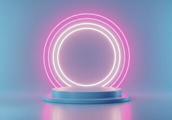 Neon Rings Above Blue Pedestal A Modern 3D Render for Product Display and Background