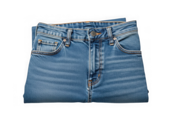 Folded blue denim jeans are isolated on transparent background