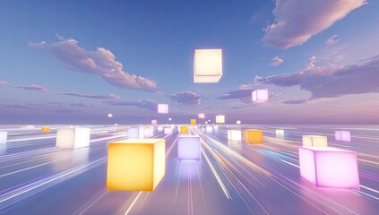 Floating colored cubes in a vibrant, surreal landscape