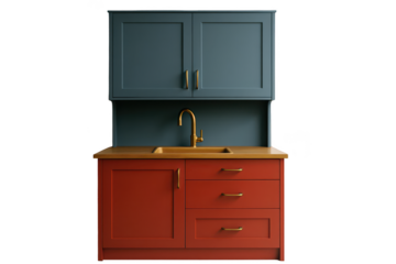 Two-toned kitchen cabinetry with gold hardware.