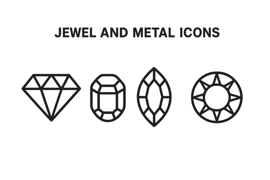 Jewel and metal icons set. Outline vector illustration of precious gems. Diamond, emerald cut, marquise, and brilliant cut stones. Jewelry and gemstone symbols.