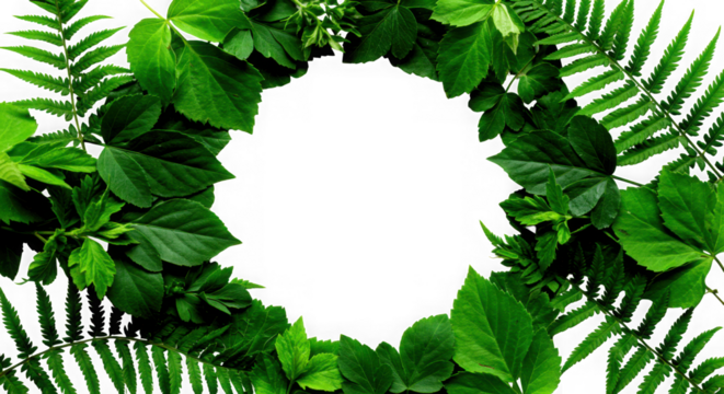 Vibrant green leafy oval frame with fern fronds isolated on transparent background