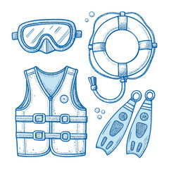 Dive Gear Essentials: Snorkel Mask, Life Preserver, Buoyancy Vest, and Fins Illustration