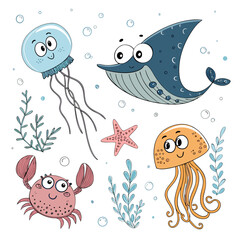 Cute Cartoon Ocean Animals: Jellyfish, Crab, Stingray, Starfish Illustrations for Children's Books, Prints, and Design Projects