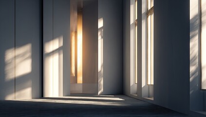 Empty sunlit interior hallway