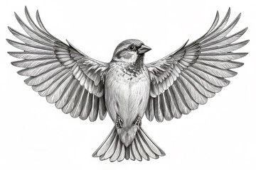 Naklejka premium A Stunning Black and White Tattoo Sketch of a Majestic Sparrow with Outstretched Wings, Showcasing Intricate Feather Details and the Graceful Posture of the Bird in Flight