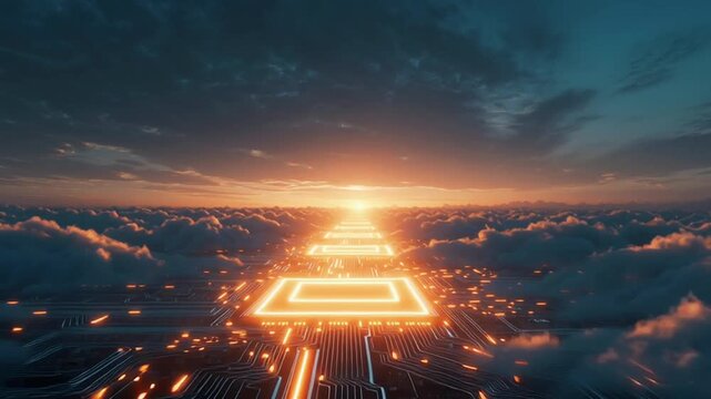 Endless glowing circuit board horizon, single central neon CPU rising sun. Glowing lines outwards global data flow. Atmospheric blue tech digital clouds soft fog lens flares, elegant futuristic 4k