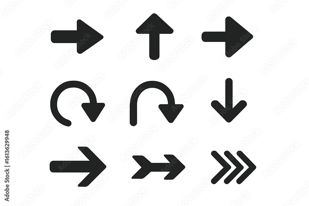 Poster black arrow icons set. vector illustration collection of simple modern pointers and cursors for web 