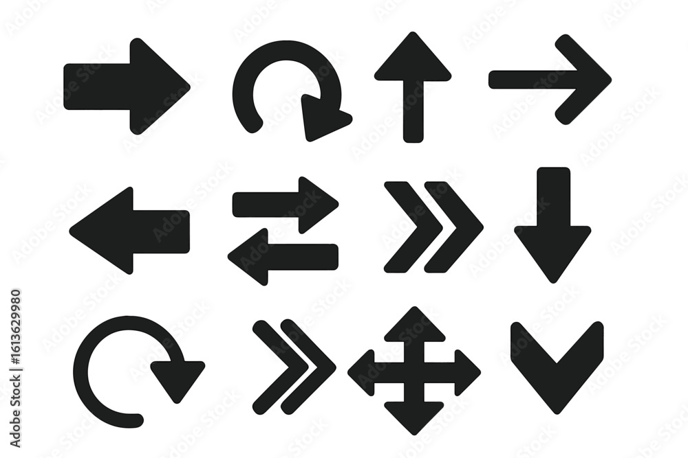 Poster black arrow icons set. simple vector illustration of different direction pointers. web navigation sy