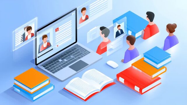 Isometric illustration of online learning with diverse students engaging in virtual education environment