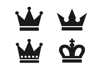 Royal crown vector icon collection. Set of 4 black king and queen silhouettes. Simple heraldic emblem for luxury logo, VIP sign, or premium brand. Power and monarchy symbol.