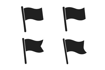 Set of black flag icons. Waving flag silhouette collection. Vector banner and pennant symbols for location pin, map marker, or navigation. Isolated graphic element.