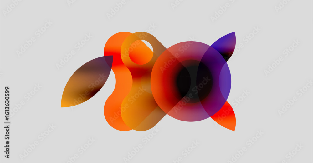 Poster abstract colorful shapes overlap, creating dynamic visual composition. warm tones blend with cool hu