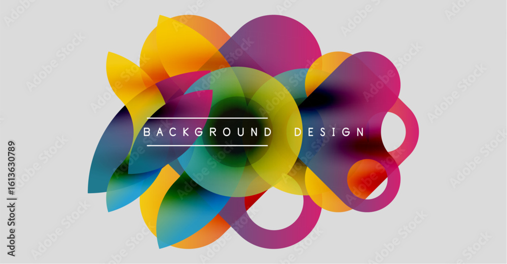 Poster Abstract colorful shapes overlap, creating dynamic visual effect. Text reads background design centered within composition. Modern, vibrant.