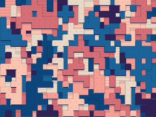 Abstract geometric pattern with interlocking shapes in shades of blue and pink, creating a pixelated, textured, and modern design.