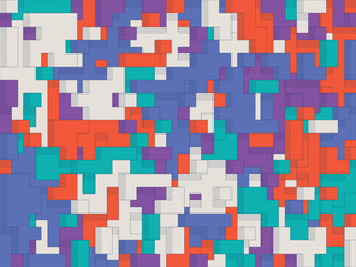 Abstract geometric pattern with overlapping squares in shades of purple, orange, teal, and white, creating a layered, pixelated effect.