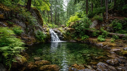 Lush forest scene with small waterfall and pool