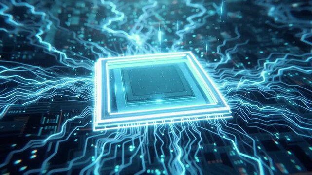 A glowing CPU futuristic blue circuit board monolith, AI signals. Electric board neural synapses, data paths. deep tech blue gradient binary code particle fog. Cinematic top-down futuristic interface