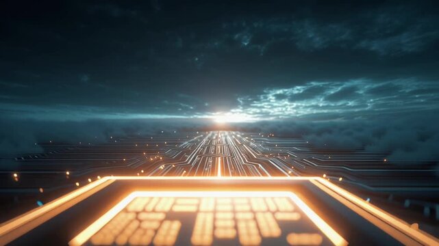 Endless glowing circuit board horizon, single central neon CPU rising sun. Glowing lines outwards global data flow. Atmospheric blue tech digital clouds soft fog lens flares, elegant futuristic 4k