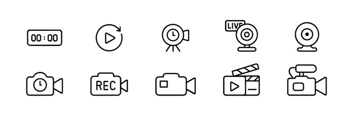 Fototapeta premium Set of black line icons for video recording and streaming in minimalist style