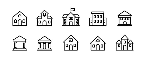 Fototapeta premium Collection of black and white line icons depicting various architectural buildings