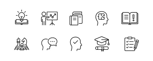 Set of black and white line icons for education and intellectual activities