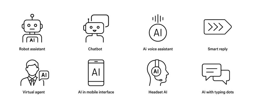 Set of minimalist line icons representing AI-related technologies in black and white style