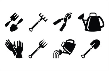 Fototapeta premium Garden tools icons set – silhouette, simple gardening and landscaping symbols