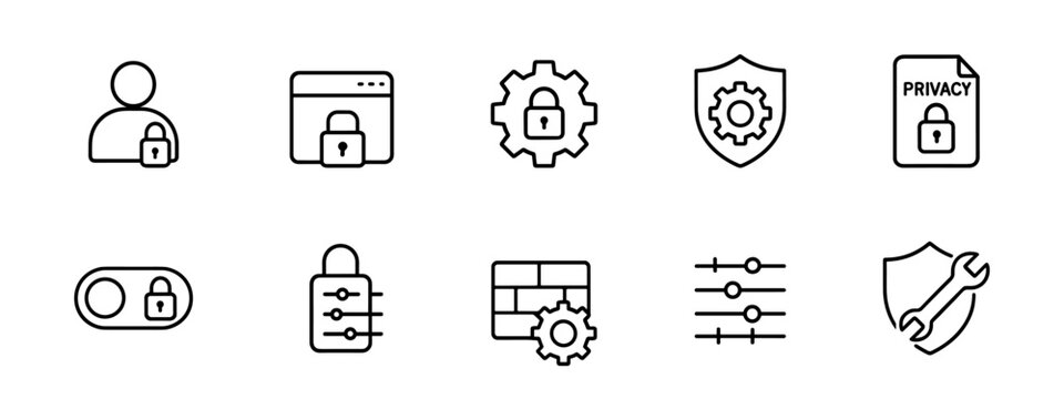 Set of security and privacy line icons with padlock, gear, and shield symbols