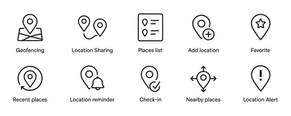 Set of black and white line icons for location services
