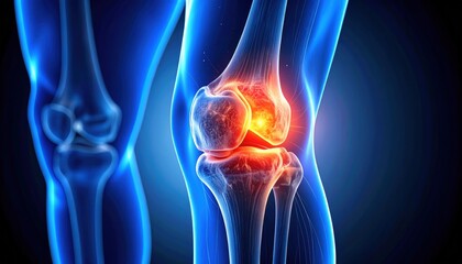 A digital illustration showing a human knee joint with highlighted inflammation or pain in the area.