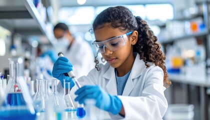 A young girl in a lab coat and safety glasses conducts an experiment in a science laboratory using a pipette and flasks.