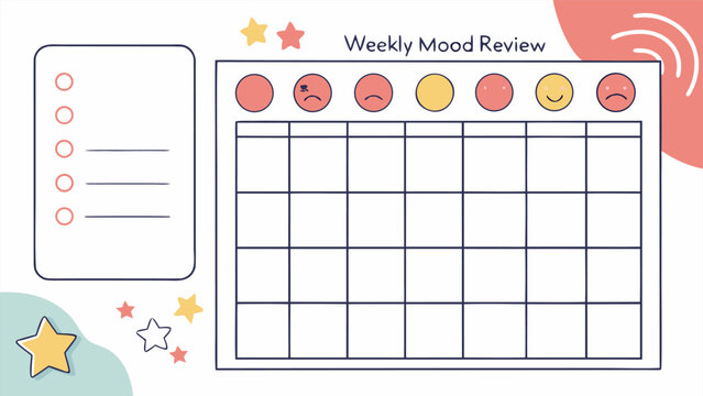 Creative weekly mood tracker with diverse facial expressions and a checklist for personal reflection and emotional well being - Powered by Adobe